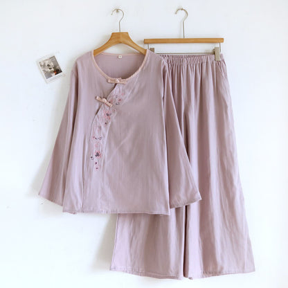 Ensemble de vêtements d'intérieur Ownkoti de style oriental avec broderies florales - violet clair - XL - image 3