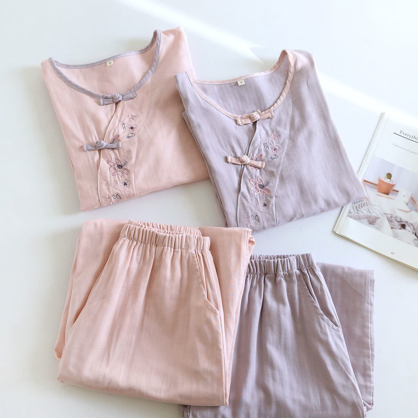 Ensemble de vêtements d'intérieur Ownkoti de style oriental avec broderies florales - image 2