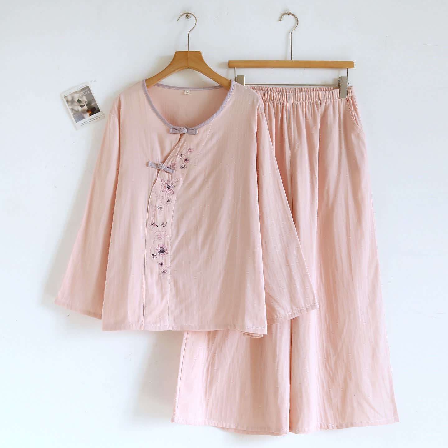 Ensemble de vêtements d'intérieur Ownkoti de style oriental avec broderies florales - rose clair - XL - image 4