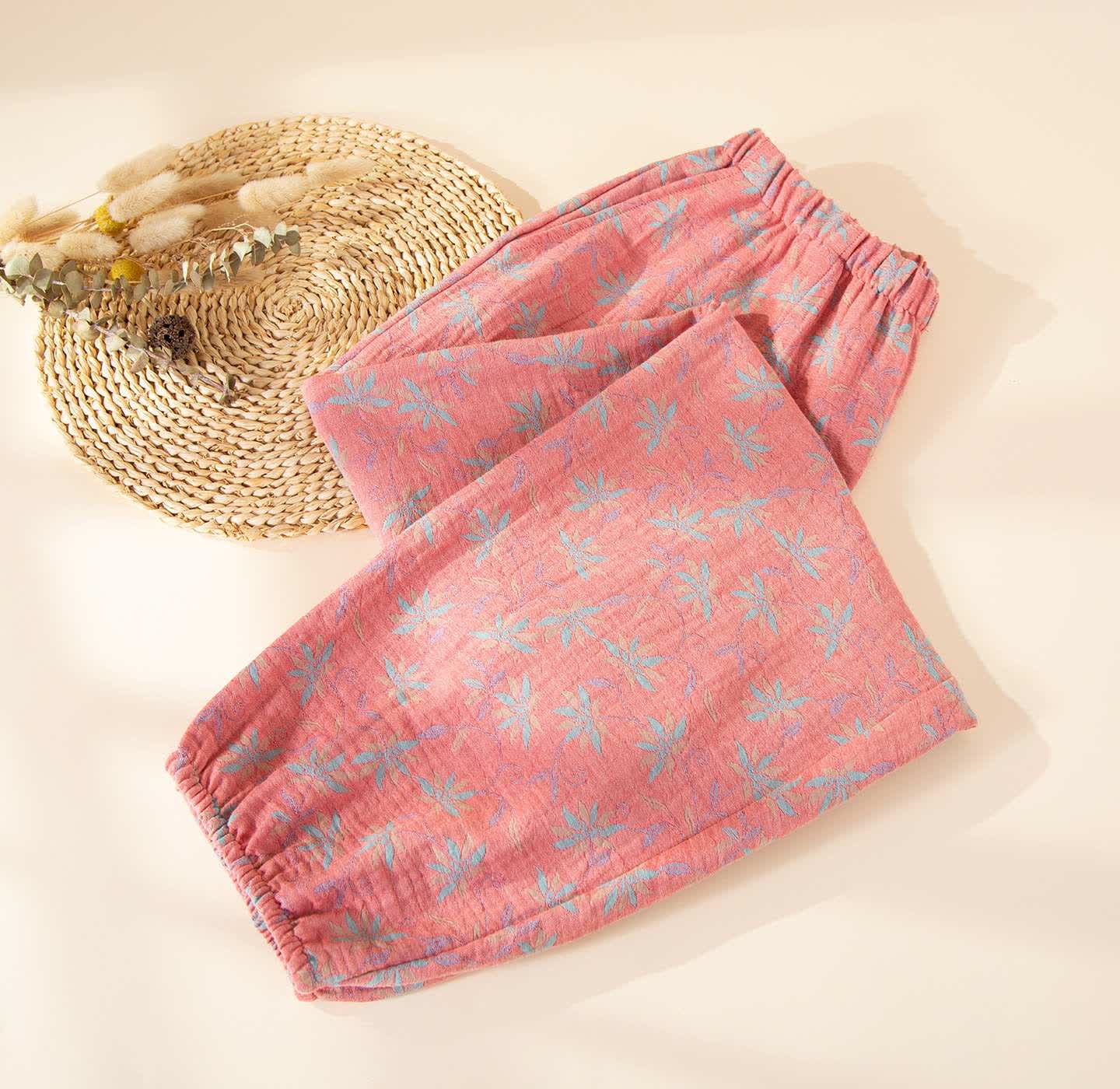 Pantalon de pyjama Ownkoti en gaze de coton à motif de feuille - Rose - 2XL - image 1