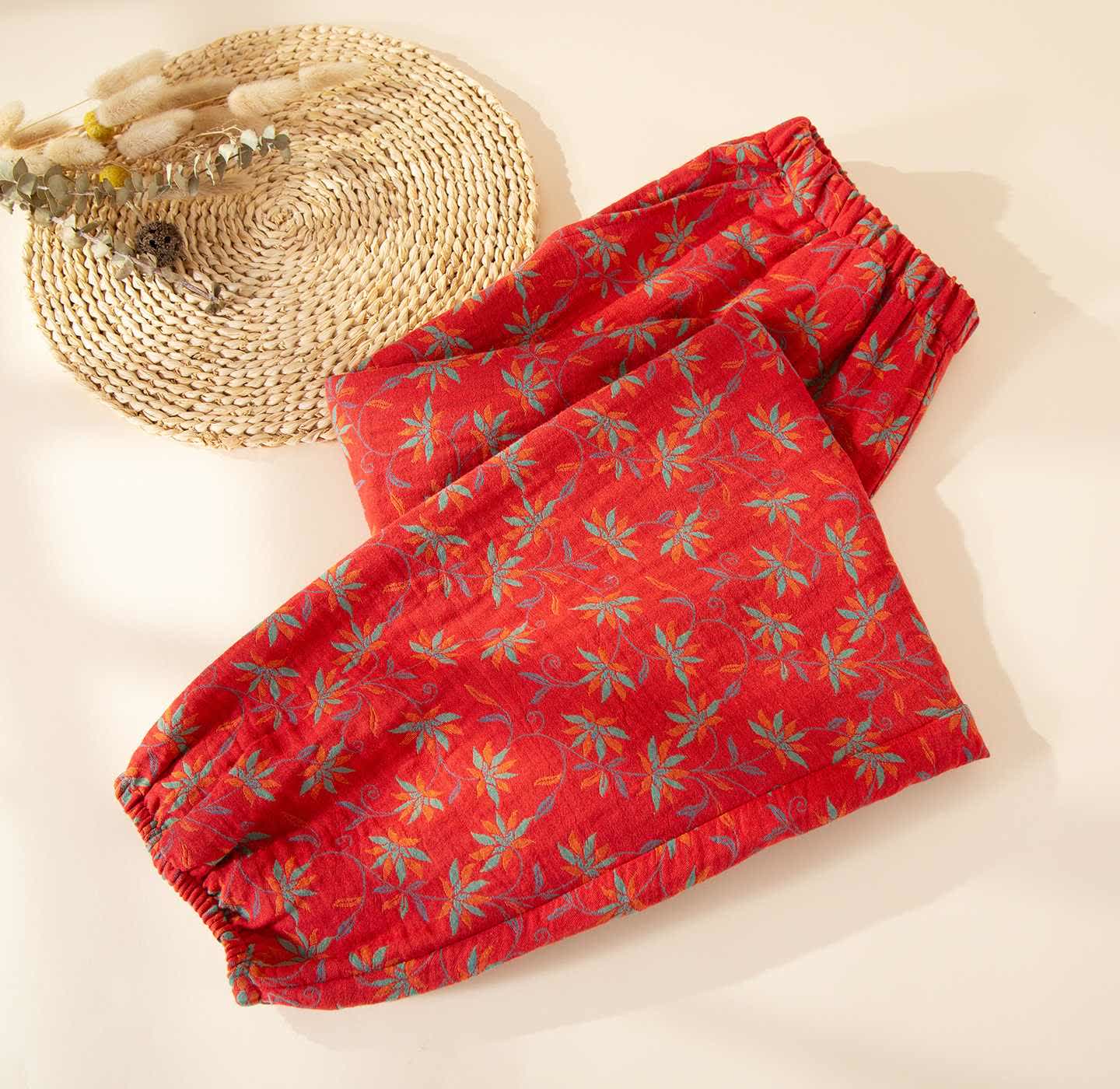 Pantalon de pyjama Ownkoti en gaze de coton à motif de feuille - Rouge - 2XL - image 0