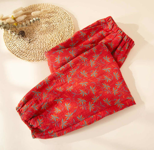 Pantalon de pyjama Ownkoti en gaze de coton à motif de feuille - Rouge - 2XL - image 0