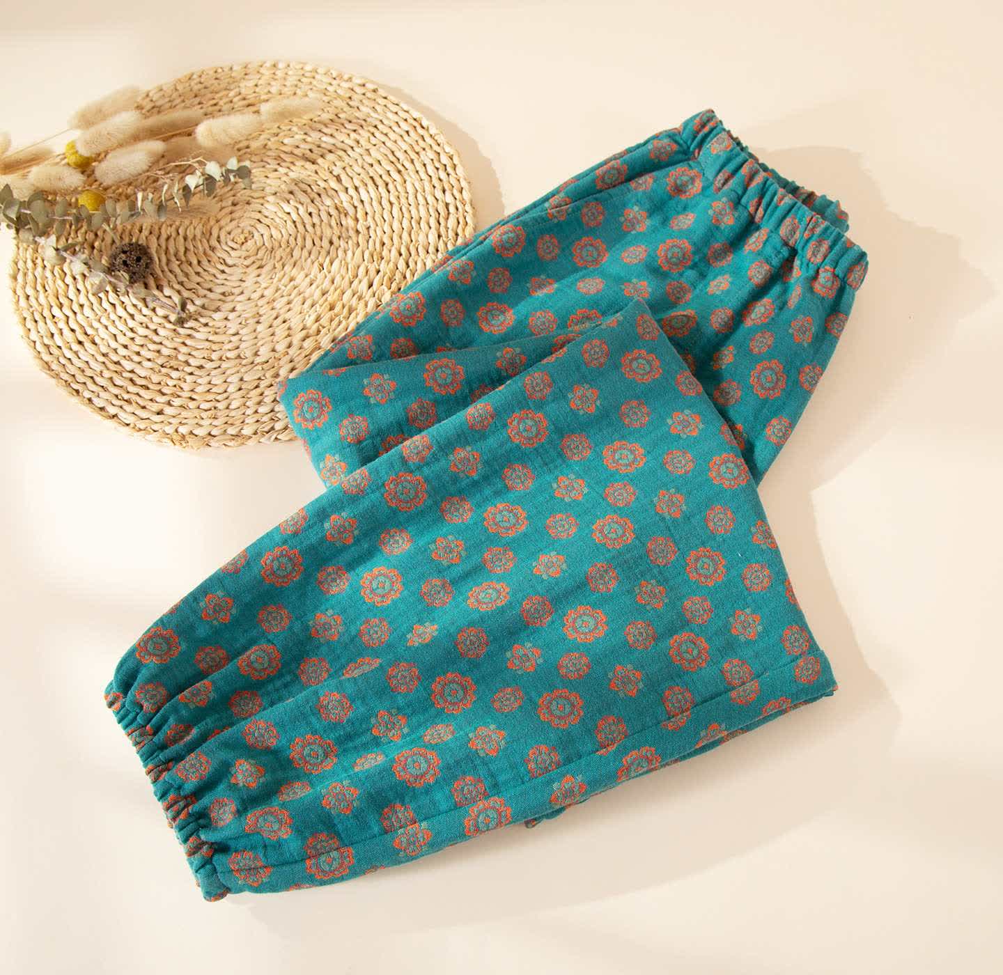 Pantalon de pyjama vintage Ownkoti en gaze de coton à motif floral - Cyan - 2XL - image 0