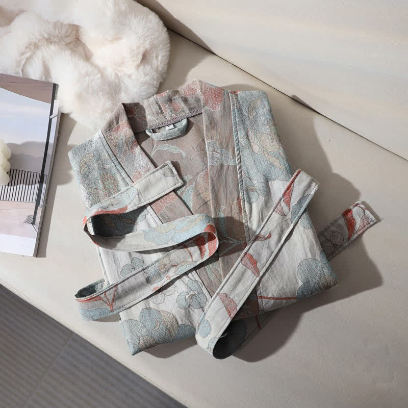 Peignoir unisexe en gaze de coton à motif pivoine bleue - image 2