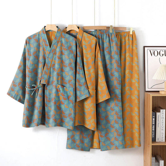 Ensemble kimono d'intérieur en coton à motif de feuille de ginkgo - image 0