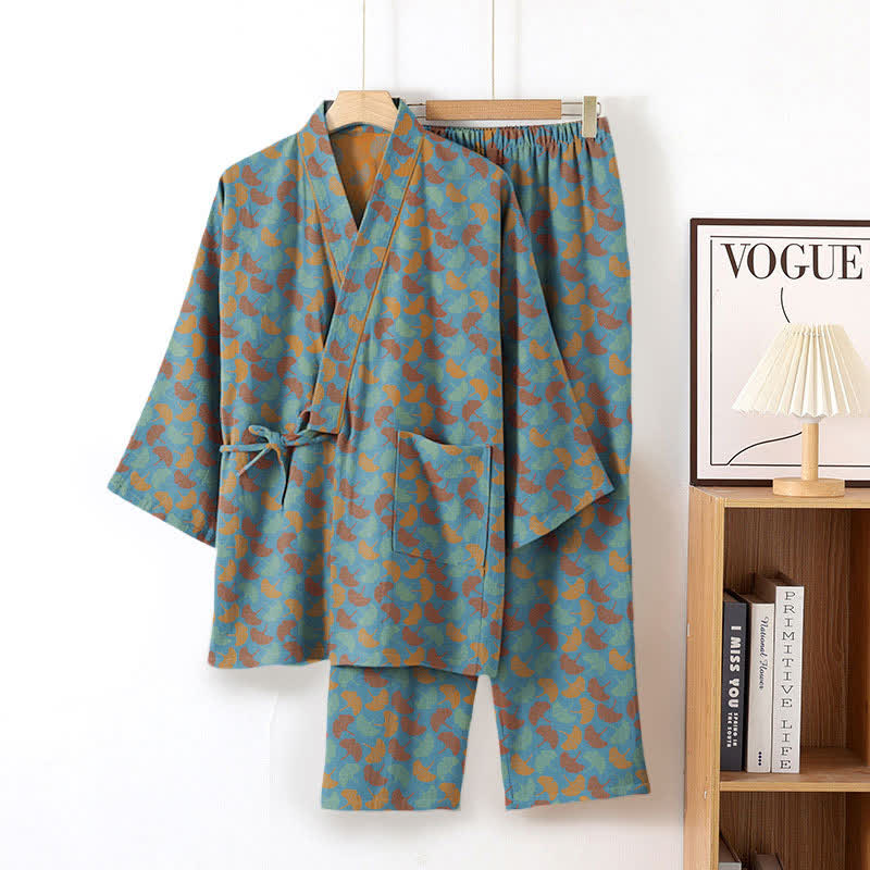 Ensemble kimono d'intérieur en coton à motif de feuille de ginkgo - Bleu - XL - image 1