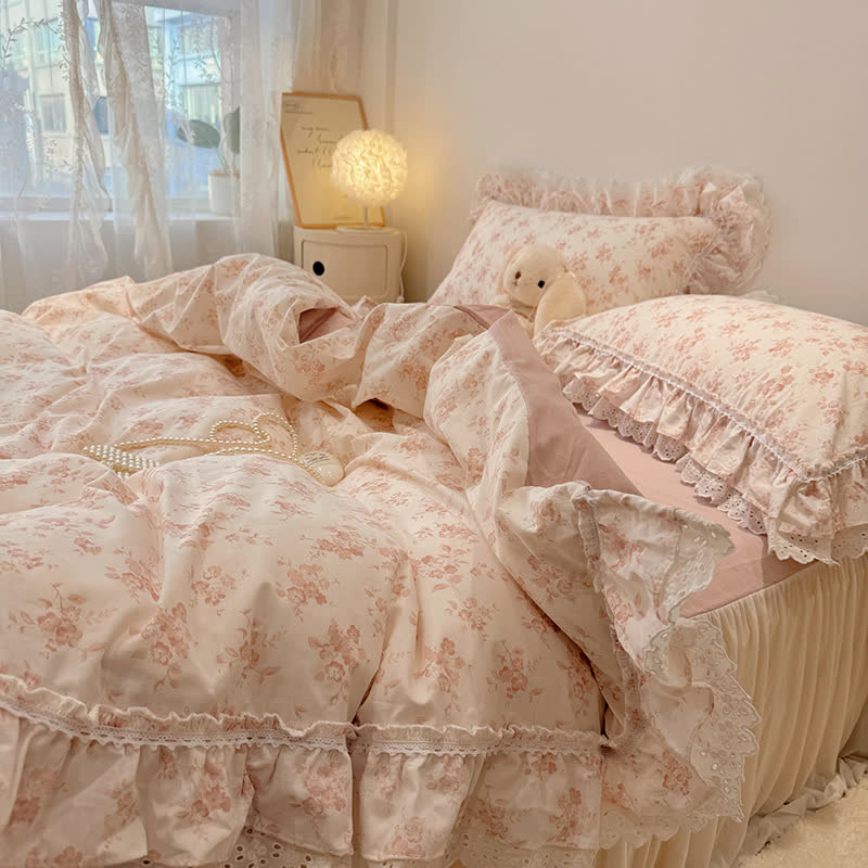 Parure de lit élégante en dentelle de coton Ownkoti avec motif de feuilles - Rose - 200 cm x 230 cm - image 2