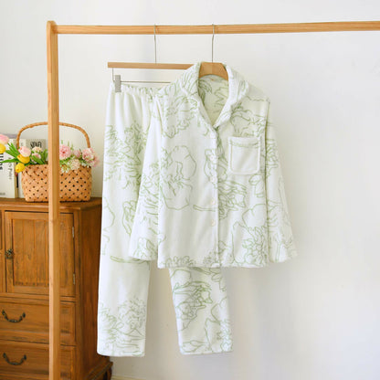 Ensemble de vêtements d'intérieur en peluche vert frais à motif rayé - revers de col - XL - image 2