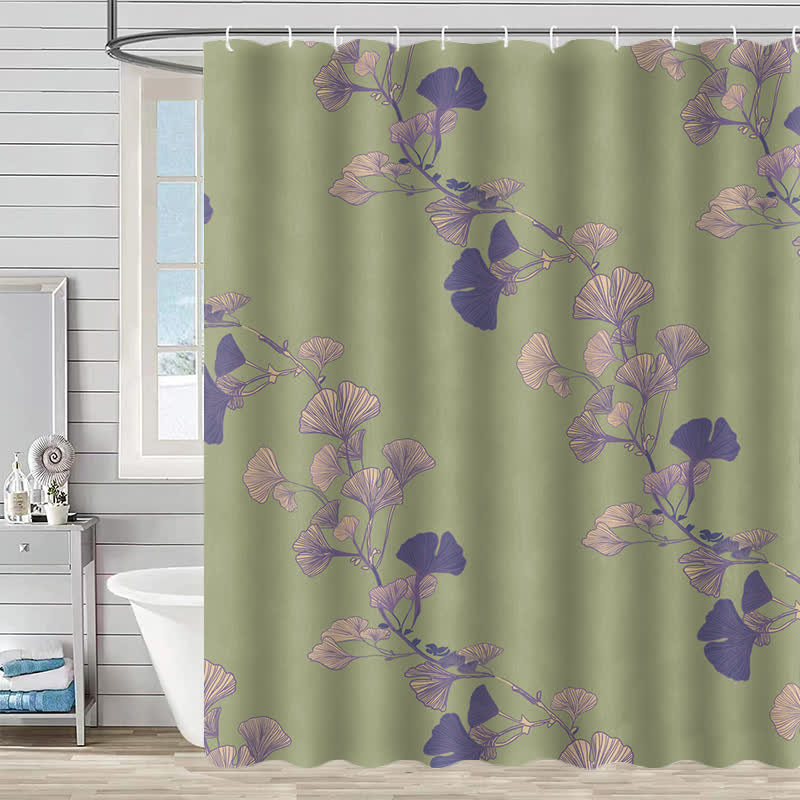 Rideau de douche à motif de feuilles de ginkgo - Vert et violet - 230 cm x 180 cm - image 10