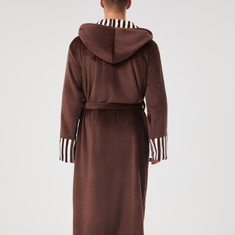 Peignoir unisexe à rayures, col et capuche en peluche - image 6
