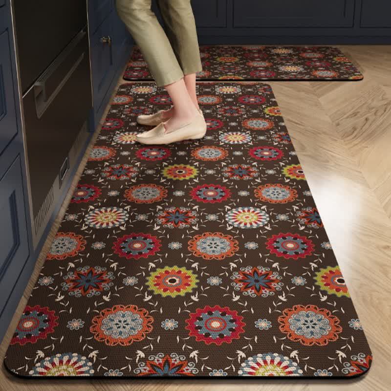 Tapis de cuisine rétro à motifs floraux ronds - 60 cm x 90 cm + 60 cm x 200 cm - image 0