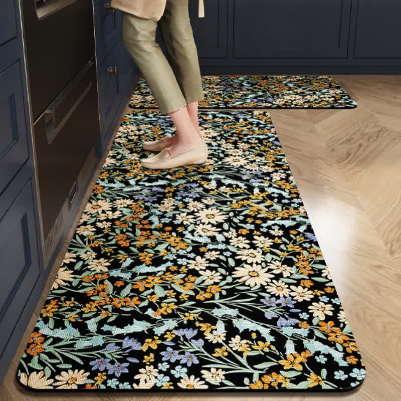 Tapis de cuisine rustique et absorbant « Marguerites » - Noir et jaune - 60 cm x 90 cm + 60 cm x 200 cm - image 0