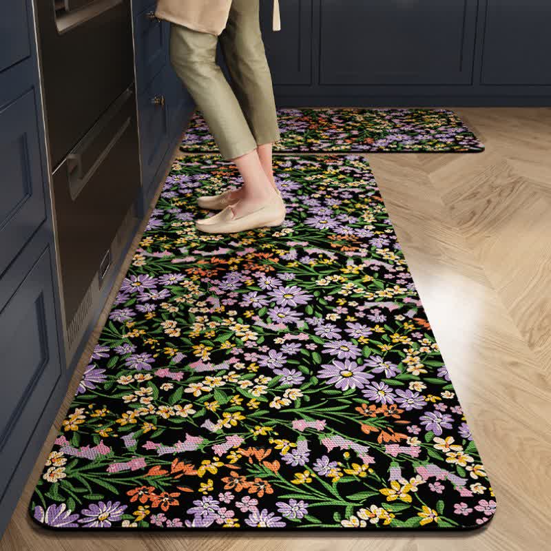 Tapis de cuisine rustique et absorbant « Marguerites » - Noir et violet - 60 cm x 90 cm + 60 cm x 200 cm - image 3