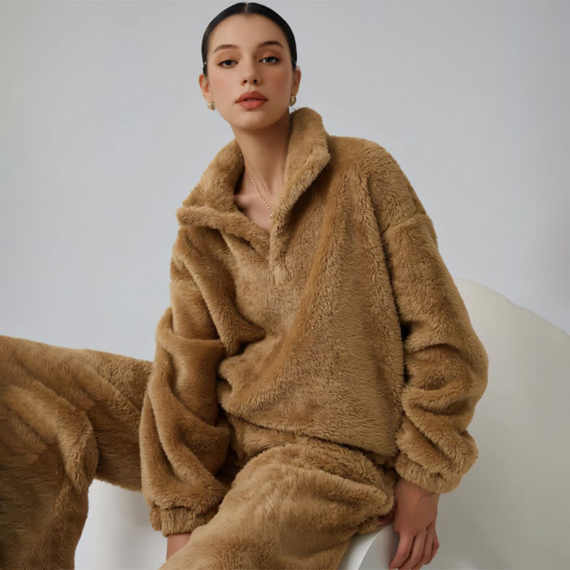 Ensemble de vêtements d'intérieur en peluche de couleur unie - brun foncé - XL - image 3