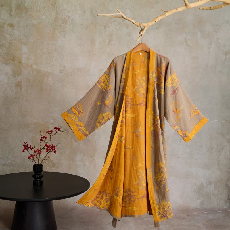 Kimono en gaze de coton à motif jacquard paysage - Jaune - XL - image 0