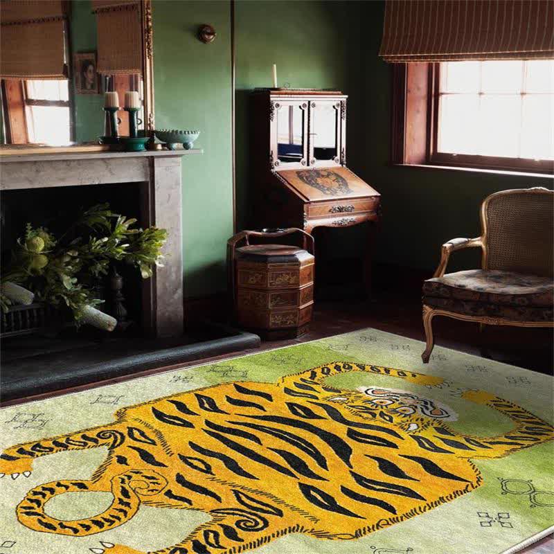 Tapis rectangulaire ethnique tibétain Ownkoti à motif tigre - Vert clair - 8' x 10' - image 6