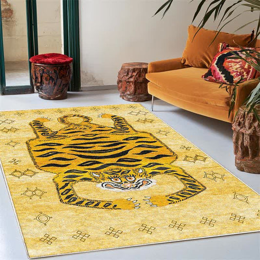 Tapis rectangulaire ethnique tibétain Ownkoti à motif tigre - Jaune - 8' x 10' - image 0
