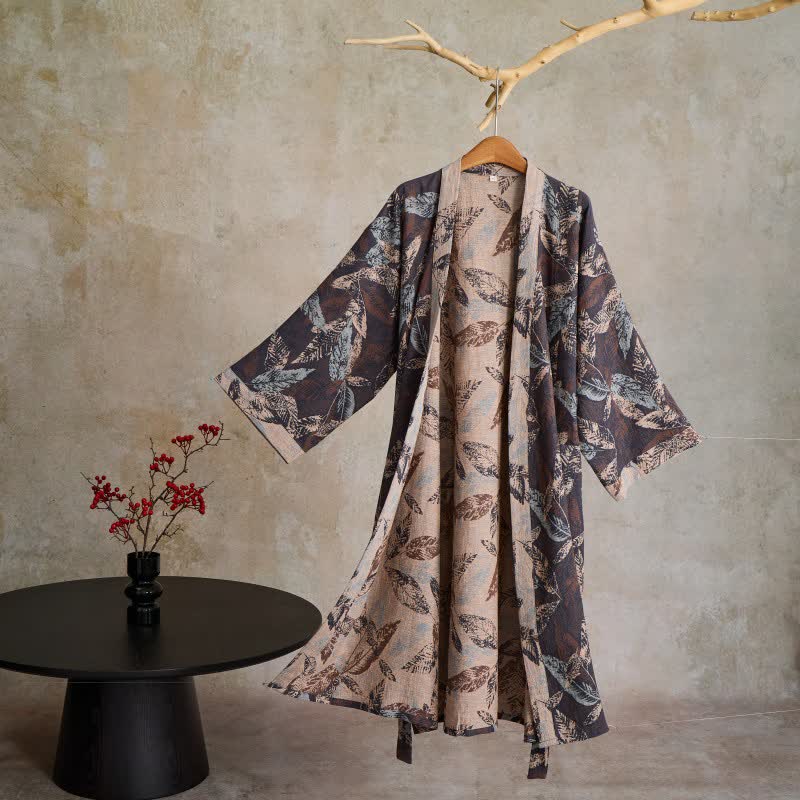 Peignoir de style kimono en gaze de coton à motif jacquard de feuilles - Noir - XL - image 0