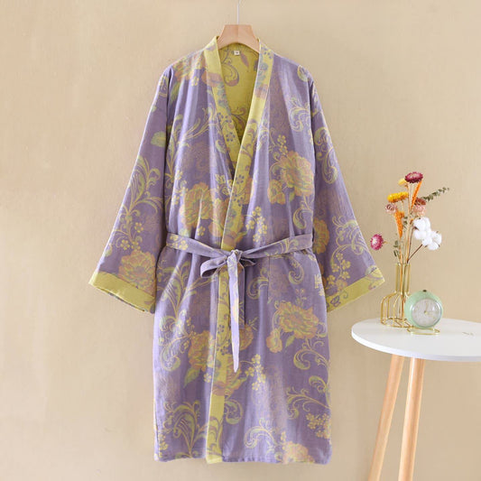 Peignoir luxueux de style kimono en gaze de coton à motif floral - Violet - XL - image 0