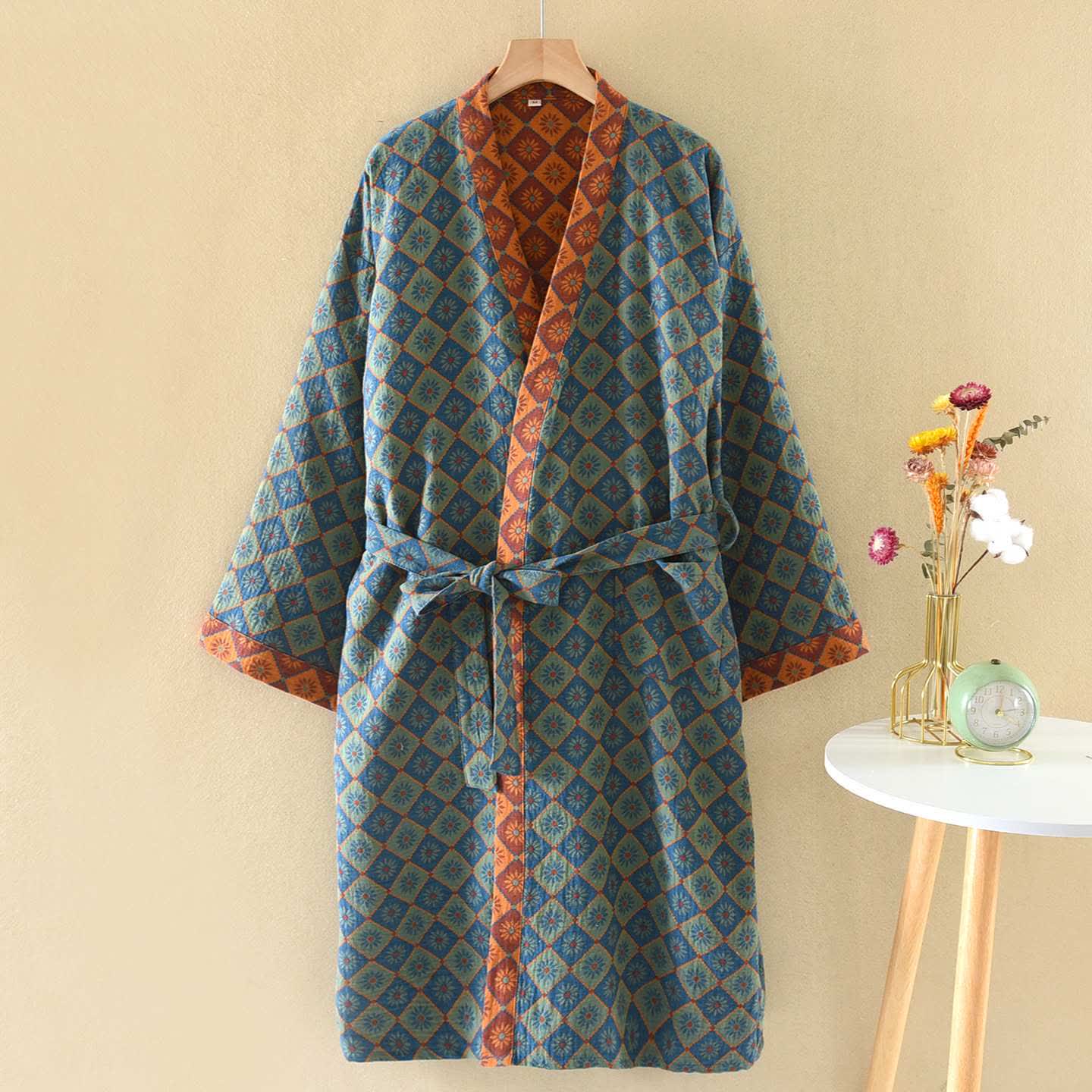 Kimono rétro en coton à motif géométrique en losanges - Bleu - XL - image 0