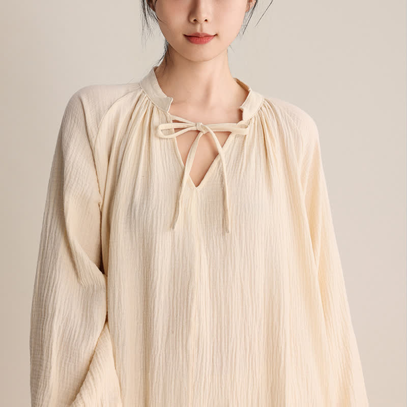 Chemise de nuit en coton uni avec col en V et nœud. - image 3