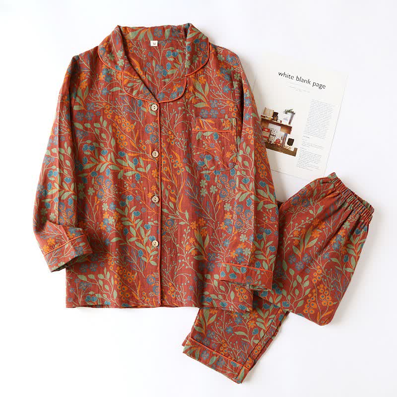 Ensemble de vêtements d'intérieur vintage en coton à motif de feuilles et revers - Rouge et orange - 2XL - image 14