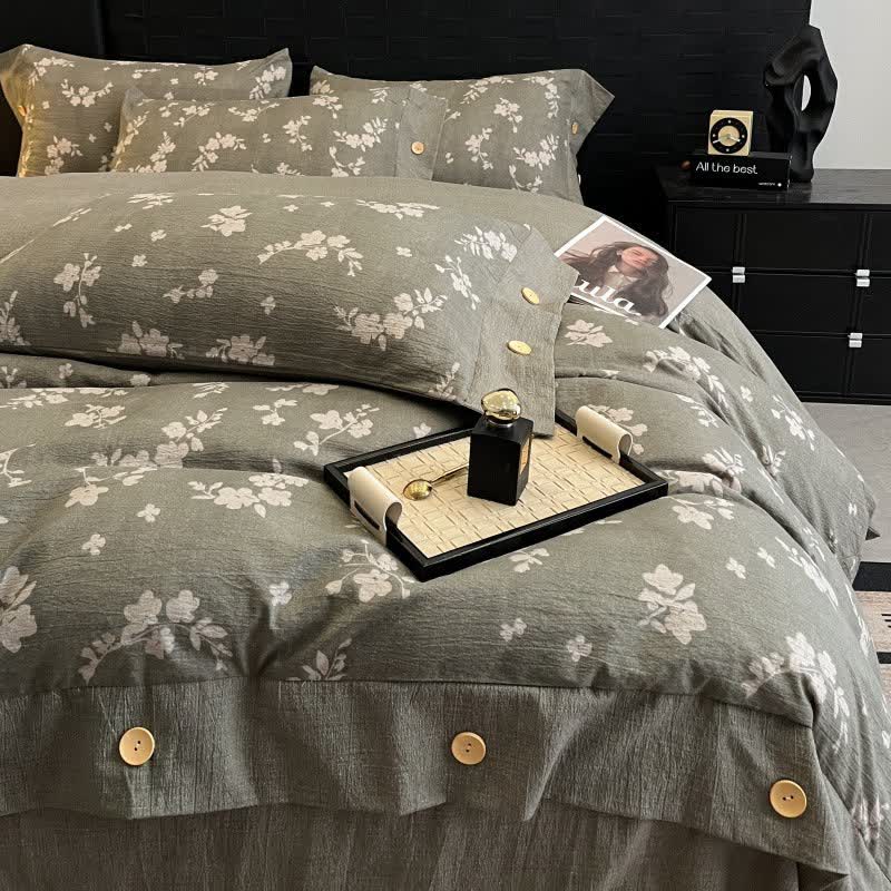 Ensemble de literie vintage avec boutons en lin et motif floral (4 pièces) - image 1