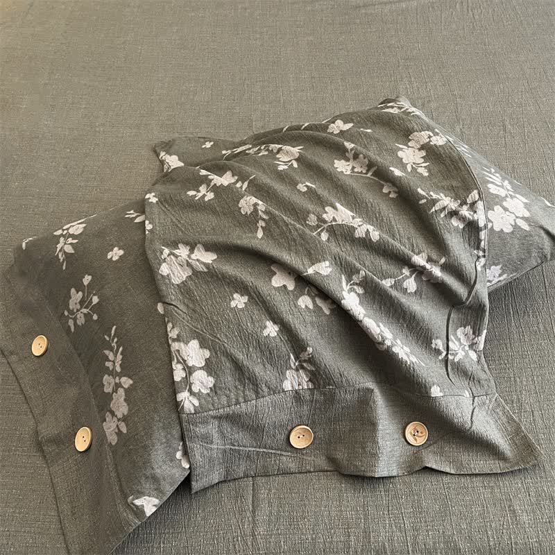 Ensemble de literie vintage avec boutons en lin et motif floral (4 pièces) - image 3