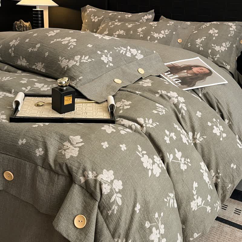 Ensemble de literie vintage avec boutons en lin et motif floral (4 pièces) - 220 cm x 240 cm - image 0