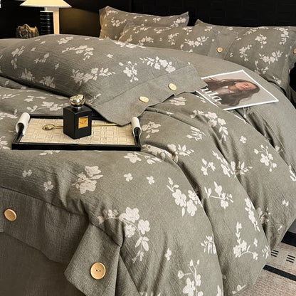 Ensemble de literie vintage avec boutons en lin et motif floral (4 pièces) - 220 cm x 240 cm - image 0