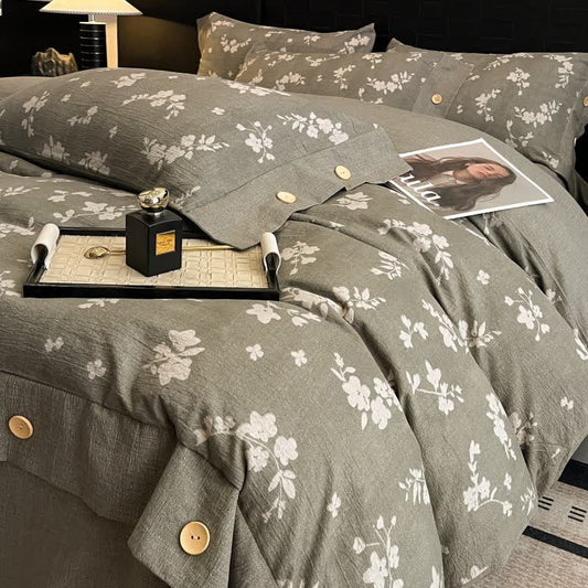 Ensemble de literie vintage avec boutons en lin et motif floral (4 pièces) - 220 cm x 240 cm - image 0