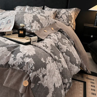 Ensemble de literie avec boutons en lin et motif floral (4 pièces) - image 3