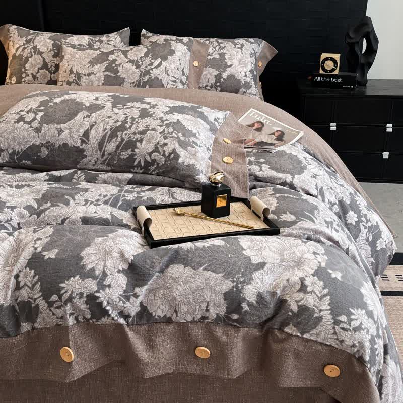 Ensemble de literie avec boutons en lin et motif floral (4 pièces) - image 1