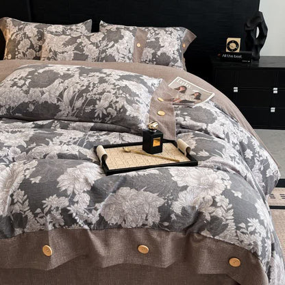 Ensemble de literie avec boutons en lin et motif floral (4 pièces) - image 1