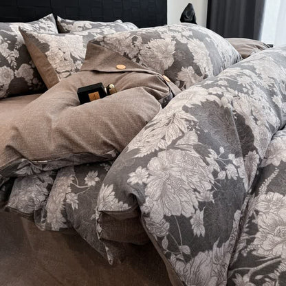 Ensemble de literie avec boutons en lin et motif floral (4 pièces) - image 4