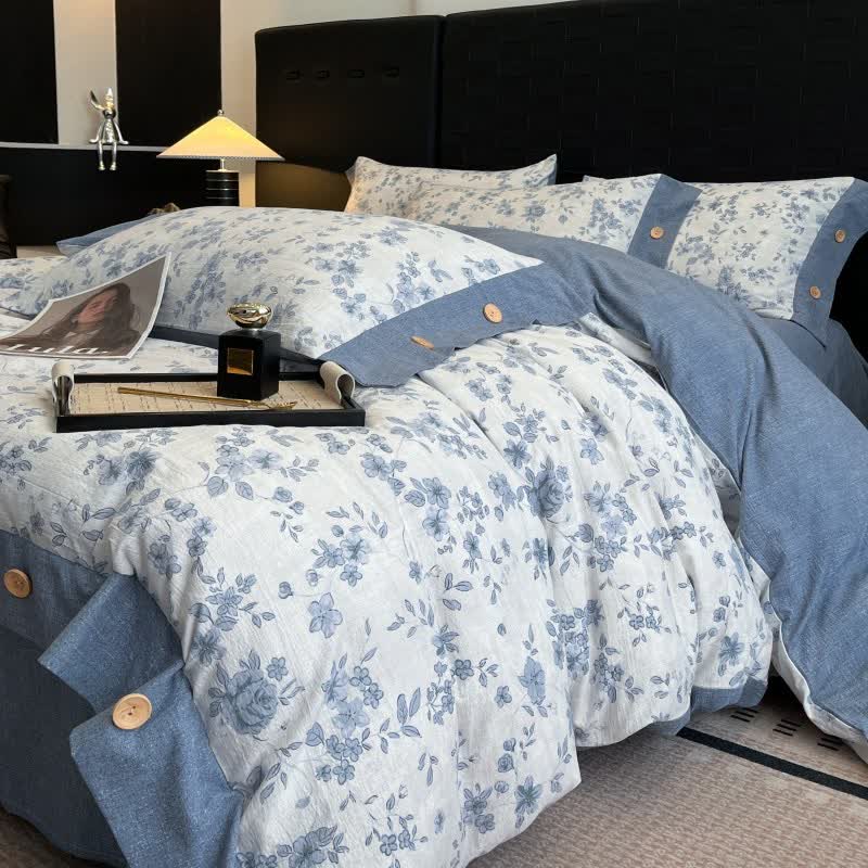 Ensemble de literie à motif floral bleu, en lin et boutons (4 pièces) - image 3
