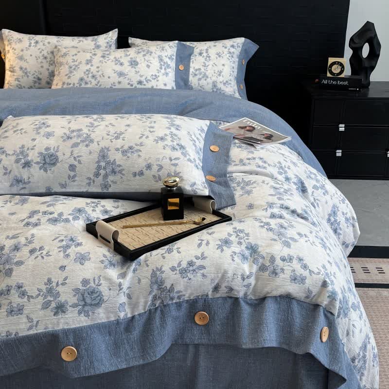 Ensemble de literie à motif floral bleu, en lin et boutons (4 pièces) - image 1
