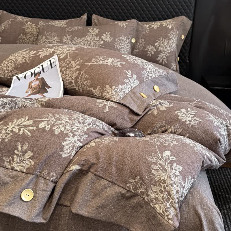 Ensemble de literie à motif botanique de feuilles, boutons en lin (4 pièces) - image 1