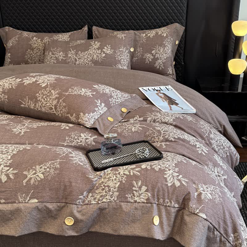 Ensemble de literie à motif botanique de feuilles, boutons en lin (4 pièces) - image 2