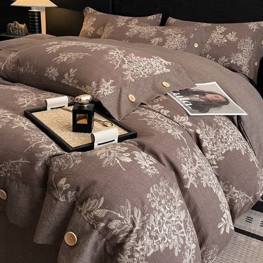 Ensemble de literie à motif botanique de feuilles, boutons en lin (4 pièces) - 220 cm x 240 cm - image 0