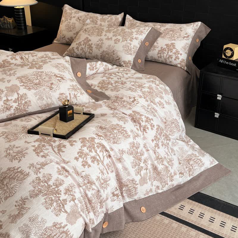 Ensemble de literie vintage à motif d'arbre, boutons en lin (4 pièces) - image 5