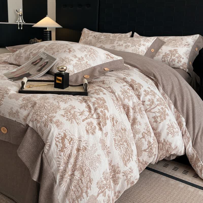 Ensemble de literie vintage à motif d'arbre, boutons en lin (4 pièces) - image 4