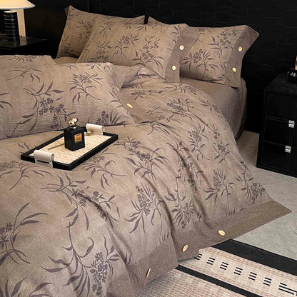 Ensemble de literie à motif de feuilles rétro, boutons en lin (4 pièces) - image 2