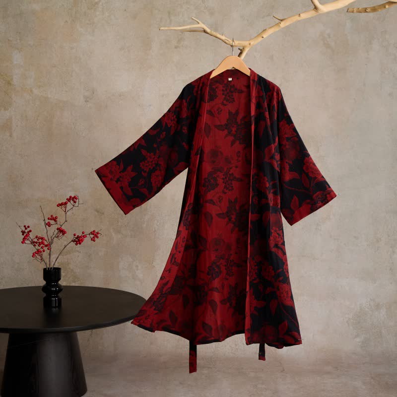 Peignoir de style kimono en jacquard de coton à motif pivoine - Rouge - XL - image 0