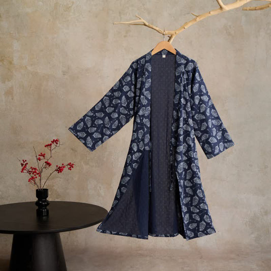 Peignoir kimono en coton à motif de flèches et de feuilles - image 0