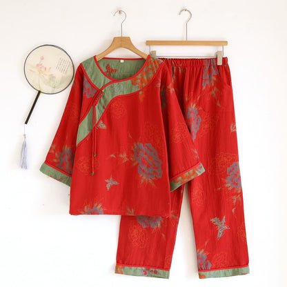 Pyjama en gaze de coton à motif pivoine et papillon (jacquard) - Rouge - XL - image 13