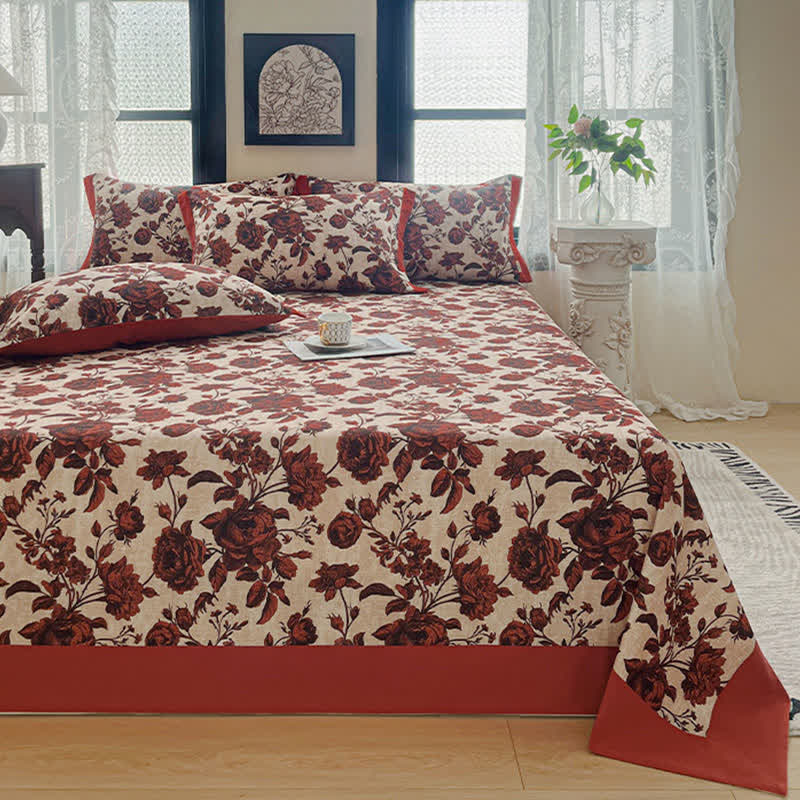 Couvre-lit en coton brossé à motif de roses - 2 taies d'oreiller - 48 cm x 74 cm - image 0