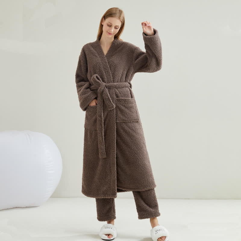 Ensemble peignoir et pantalon assortis, couleurs unies. - Peignoir avec pantalon - Café - XXL - image 7