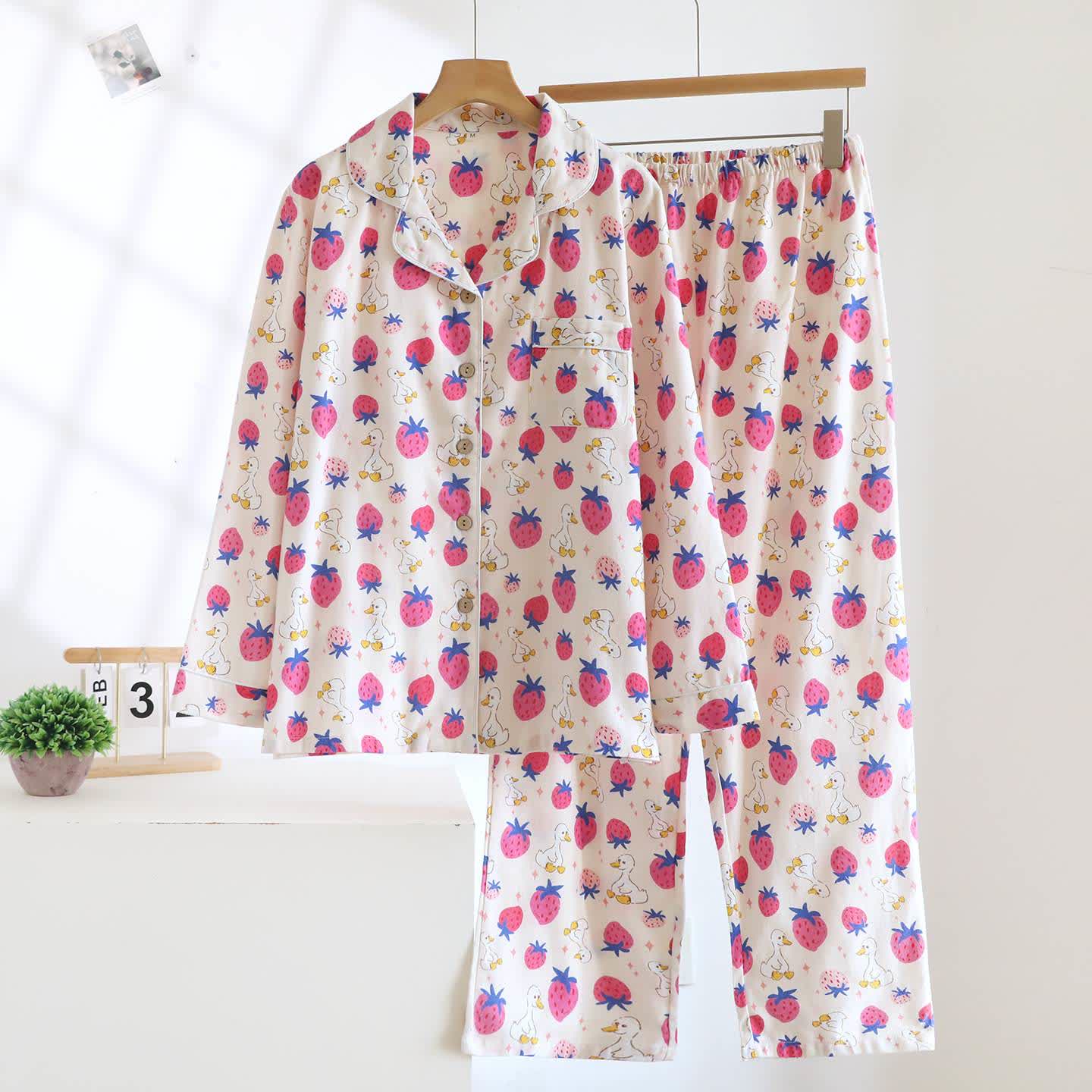 Ensemble de vêtements d'intérieur en coton brossé, coloris fraise - Comme sur la photo - XL - image 0