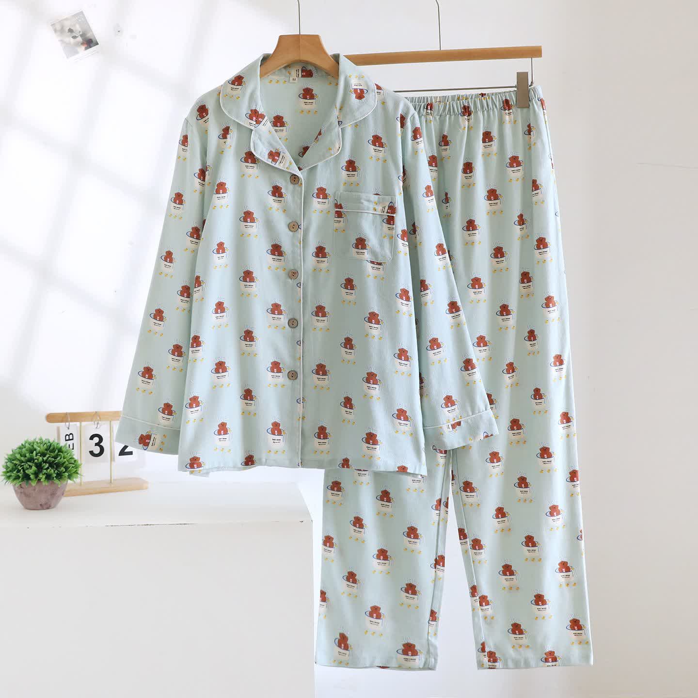 Ensemble de vêtements d'intérieur « Ours tasse à thé » en coton brossé - Comme sur la photo - XL - image 0